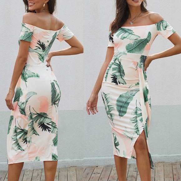 Fun cocktail dress! Leaf print Tropcial white - Picture 2 of 7